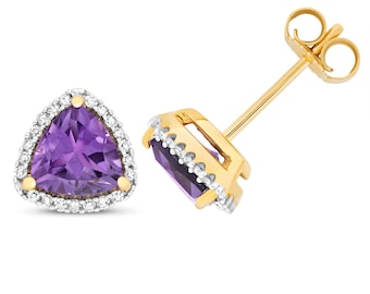 9ct Gold 0.14ct Diamond & Amethyst 6mm Trillion Stud Earrings - Real 9K Gold