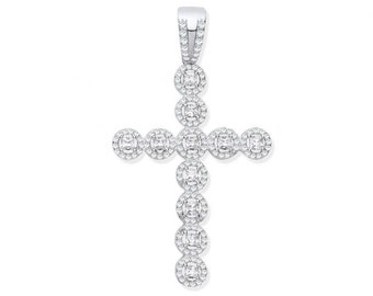 Princess Cut Cz Halo Cross 4.5cm Micro Pave Cz Pendant 925 Sterling Silver