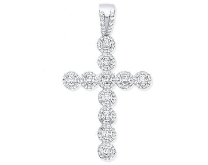 Princess Cut Cz Halo Cross 4.5cm Micro Pave Cz Pendant 925 Sterling Silver