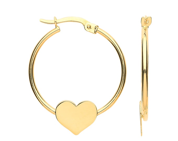 9ct Yellow Gold 2.2cm Diameter Hoop Earrings With Heart Disc - Real 9K Gold