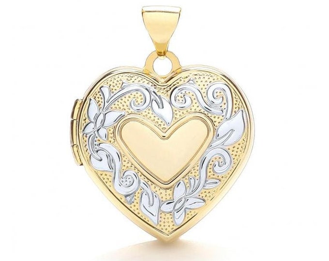 Floral Wreath 9ct 2 Colour Gold Heart Shaped 4 Photo Family Locket - Real 9K Gold