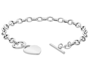 Ladies 925 Sterling Silver 14mm Heart Tag Charm T-Bar 7" Albert Chain Bracelet