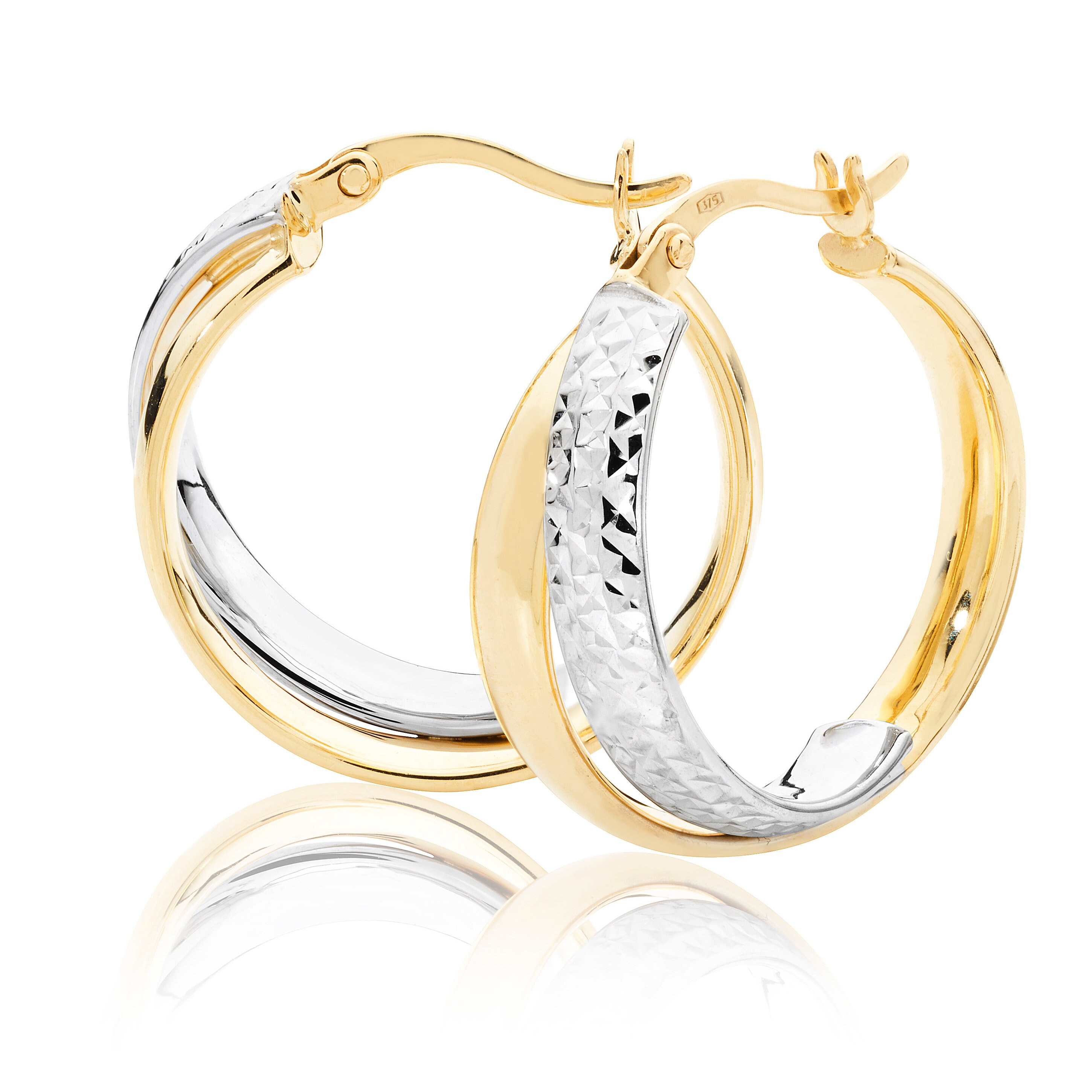9ct Two Colour Gold Crossover Diamond Cut Hoop Earrings 12mm 15mm 18mm