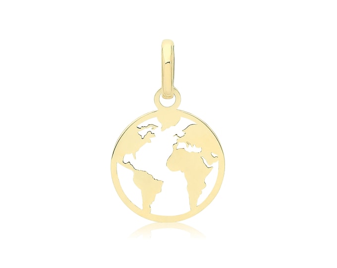 Small 9ct Yellow Gold 9mm Diameter Cut Out World Map Disc Charm Pendant - Real 9K Gold