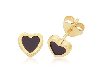 9ct Yellow Gold 5mm Heart Stud Earrings With Black Onyx Stone - Real 9K Gold