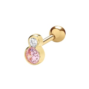 Single 9ct Yellow Gold Pink & White Cz  Cartilage 5.5mm Bar Stud Screw Back Earring - Real 9K Gold