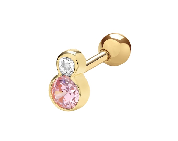 Single 9ct Yellow Gold Pink & White Cz  Cartilage 5.5mm Bar Stud Screw Back Earring - Real 9K Gold