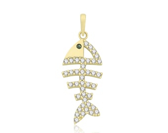 9ct Yellow Gold 25x9mm Fish Bone Pave Cz Charm Pendant - Real 9K Gold Hallmarked