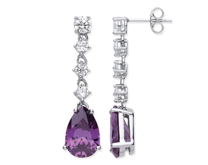 925 Sterling Silver Pear Cut Purple Amethyst Colour Cz 3cm Long Drop Earrings