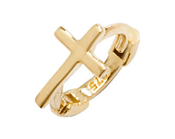 Cross Design 9ct Yellow Gold 7mm Diameter Cartilage Single Hoop Earring - Real 9K Gold