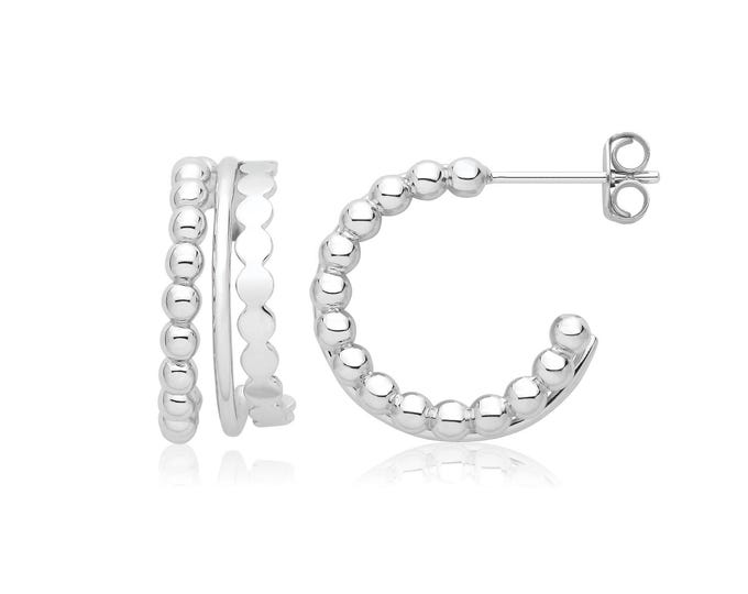 Triple Hoop Bead Wave Stud Earrings 15mm Diameter