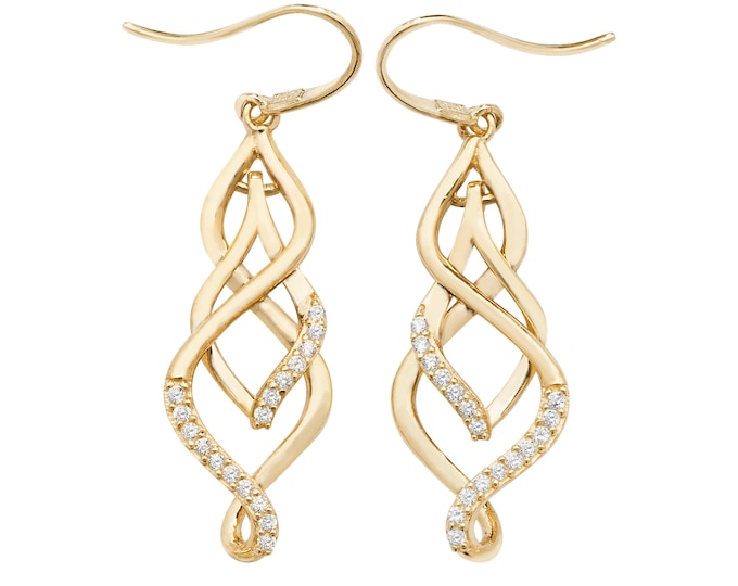 9ct Yellow Gold Cz Ornate Twisted Teardrop Hook Earrings - Real 9K Gold