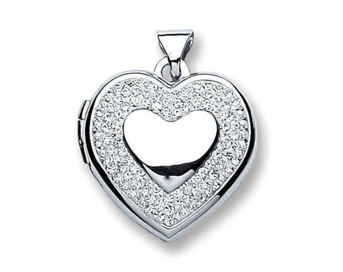 Small 925 Sterling Silver Heart Of Hearts Shaped Locket With Pave Set Crystal Surround