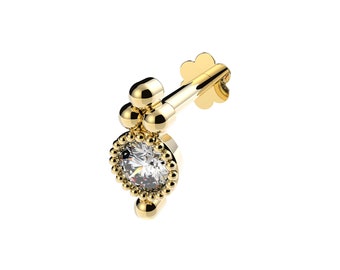 9ct Yellow Gold Ornate Round Cut Cz Labret Cartilage 6mm Bar Single Stud Screw Top Earring - Solid 9K Gold