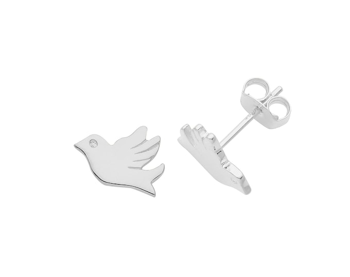 925 Sterling Silver 10x6mm Plain Polished Dove Bird Stud Earrings Rhodium Plated