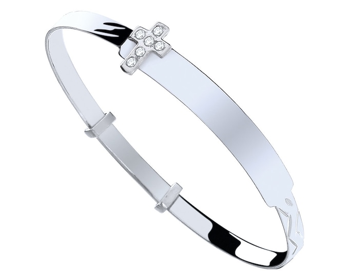 925 Sterling Silver Cz Cross Expandable Baby Identity Bangle