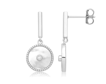 Sterling Silver CZ Mother of Pear Disc Drop Earrings