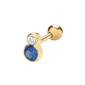 Single 9ct Yellow Gold Sapphire Blue & White Cz  Cartilage 5.5mm Bar Stud Screw Back Earring - Real 9K Gold