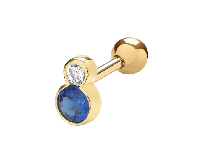 Single 9ct Yellow Gold Sapphire Blue & White Cz  Cartilage 5.5mm Bar Stud Screw Back Earring - Real 9K Gold