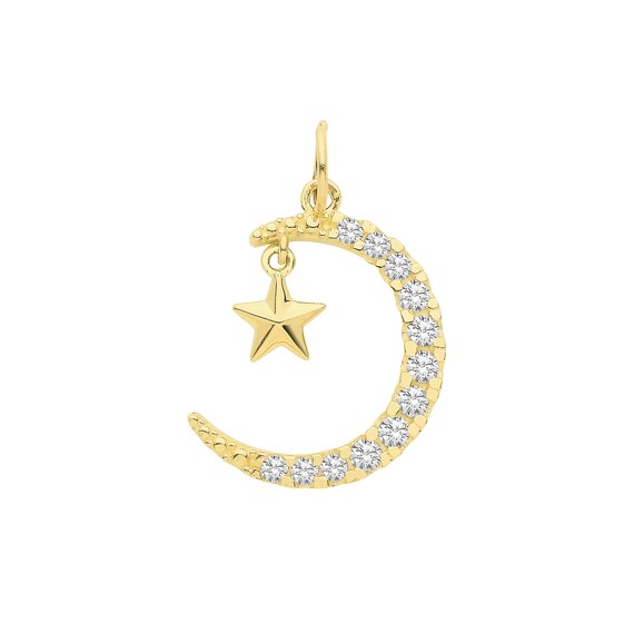 10k Yellow Gold Clear CZ Moon and Stars Charm Pendant 10k Yellow Gold Clear CZ Moon and Stars Charm Pendant