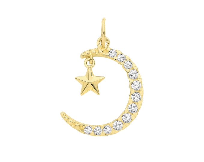 9ct Yellow Gold 13x12mm Crescent Cz Moon & Hanging Star Design Charm Pendant - Real 9K Gold