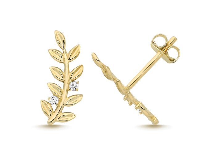 Pair of Modern 9ct Yellow Gold 12mm Climber Leaf Cz Stud Earrings- Real 9K Gold