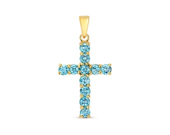 9ct Yellow Gold Cross 16x12mm Pendant Claw Set With Real Blue Topaz Stones - Solid 9K Gold