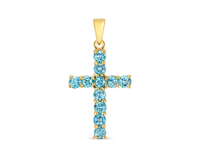 9ct Yellow Gold Cross 16x12mm Pendant Claw Set With Real Blue Topaz Stones - Solid 9K Gold