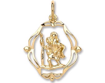 9ct Gold Cut Out Ornate Scroll Design St Christopher Charm Pendant 20x18mm - Solid 9K Gold