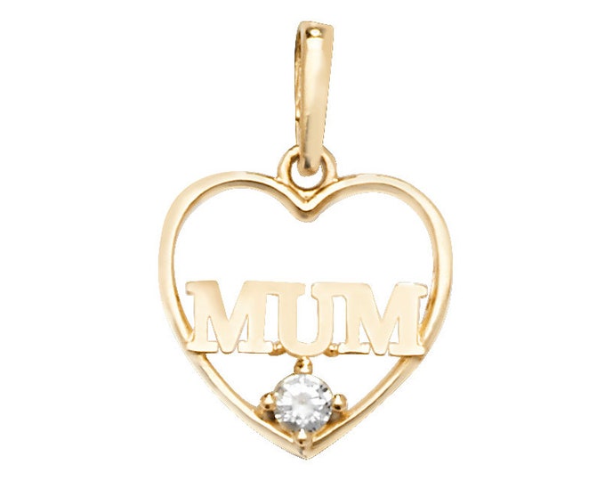 Small 10mm Heart Shaped Cz MUM Pendant 9ct Yellow Gold - Real 9K Gold