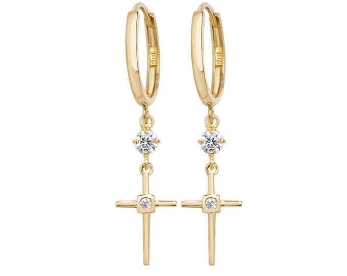 9ct Yellow Gold Hinged Hoop Cz Cross 3cm Drop Earrings - Real 9K Gold