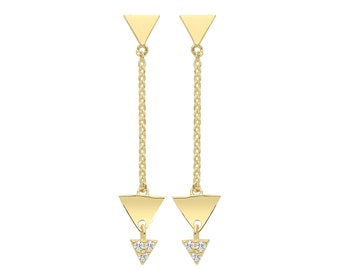 9ct Yellow Gold 2.5cm Three Triangles Cz Chain Drop Earrings - Real 9K Gold