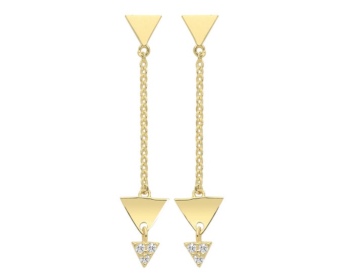 9ct Yellow Gold 2.5cm Three Triangles Cz Chain Drop Earrings - Real 9K Gold
