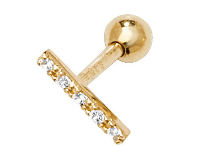 9ct Yellow Gold 6mm Post Pave Cz Bar Helix Cartilage Single Screw Back Stud Earring - Real 9K Gold
