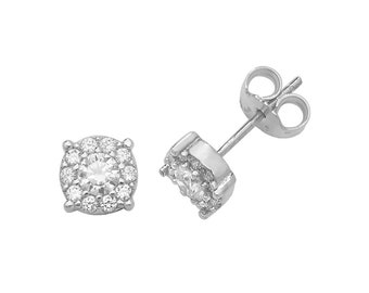 9ct White Gold 6mm Cluster Stud Earrings Set With Cubic Zirconia Stones - Real 9K Gold