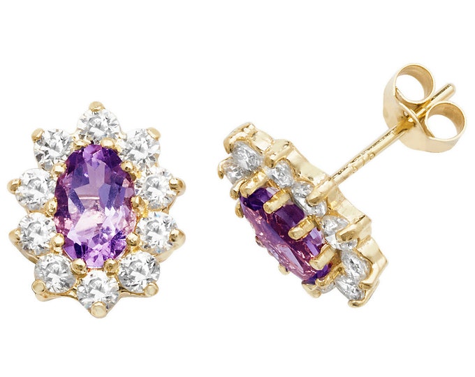 Purple Amethyst & Cz Oval Cluster Stud Earrings 9ct Yellow Gold Hallmarked - Real 9K Gold