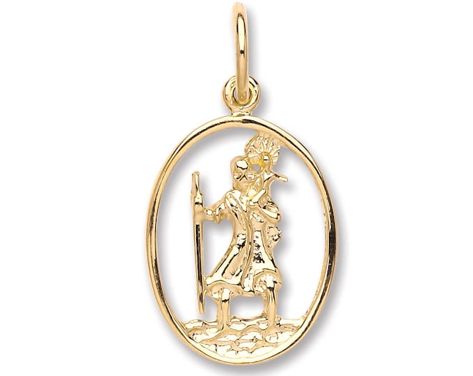 9K Gold Cut Out Oval St Christopher Medallion Charm Pendant 15x12mm - Real 9K Gold