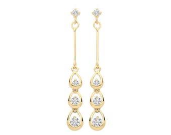 9ct Yellow Gold 30mm Trilogy Tear Drop Cz Earrings - Real 9K Gold