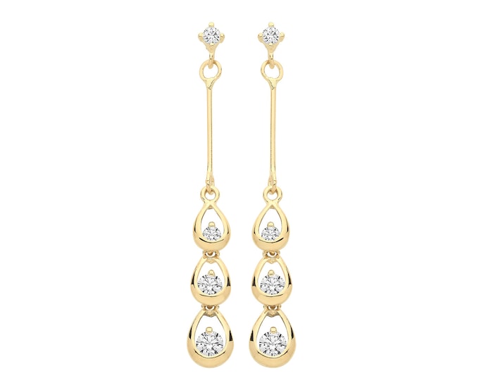 9ct Yellow Gold 30mm Trilogy Tear Drop Cz Earrings - Real 9K Gold