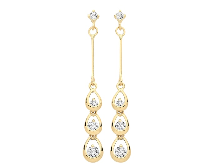 9ct Yellow Gold 30mm Trilogy Tear Drop Cz Earrings - Real 9K Gold