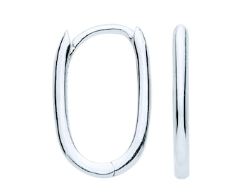Modern 9ct White Gold 14X9mm Hinged Oval Hoop Earrings - Real 9K Gold