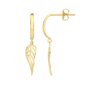 9ct Yellow Gold 2cm Angel Wings Drop Earrings - Real 9K Gold