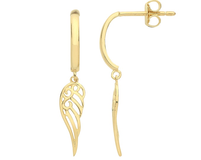 9ct Yellow Gold 2cm Angel Wings Drop Earrings - Real 9K Gold