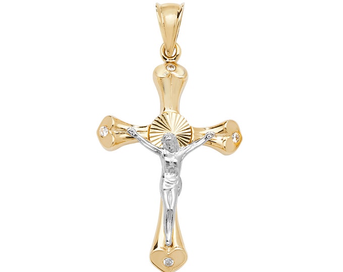 9ct 2 Colour Gold 3.5cm Christ's Halo Crucifix Pendant - Christ Crucifix Necklace Crucifixion - Real 9K Gold