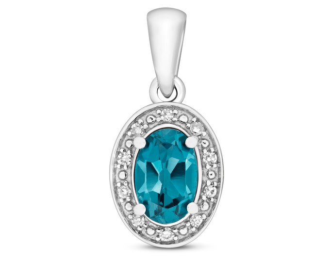 9K White Gold 0.03ct Diamond 6x4mm Oval Cut London Blue Topaz Pendant