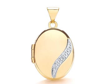 9ct Gold Single Single Diamond Small Oval 2 Photo Wave Locket 15x12mm - Real 9K Gold