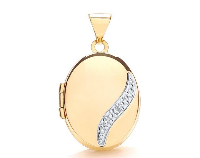 9ct Gold Single Single Diamond Small Oval 2 Photo Wave Locket 15x12mm - Real 9K Gold