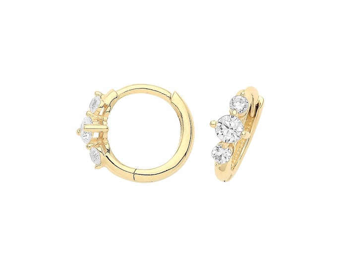 9ct Yellow Gold 3 Stone Cz 8mm Diameter Hinged Clicker Hoop Earrings - Real 9K Gold