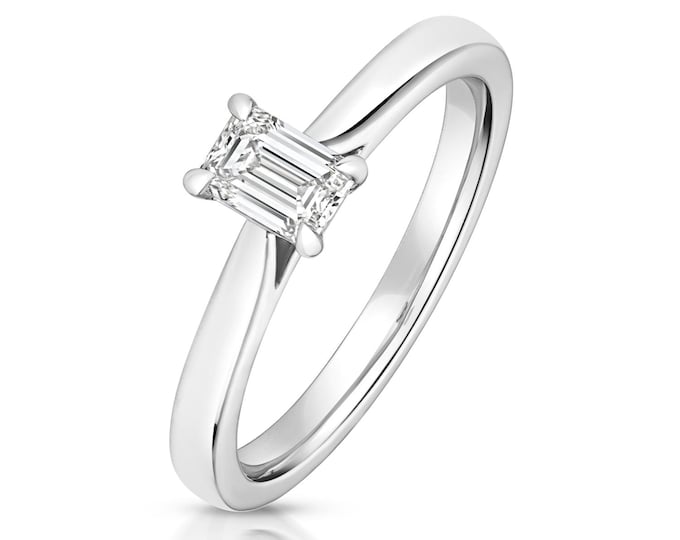 Claw Set 0.50ct Emerald Cut Diamond Solitaire Engagement Ring 925 Sterling Silver