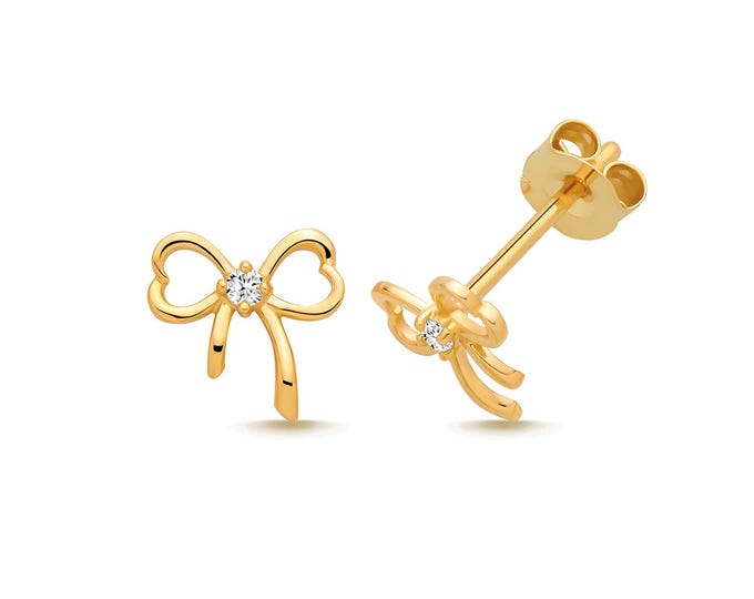 9K Gold Pretty Ribbon Cz Set 7mm Bow Stud Earrings
